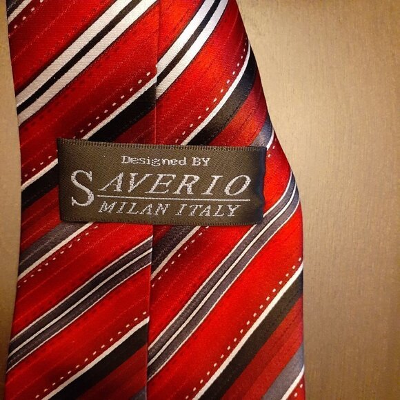 Saverio Milan Italy Silk Tie Red Gray Black Stripe - Picture 3 of 4